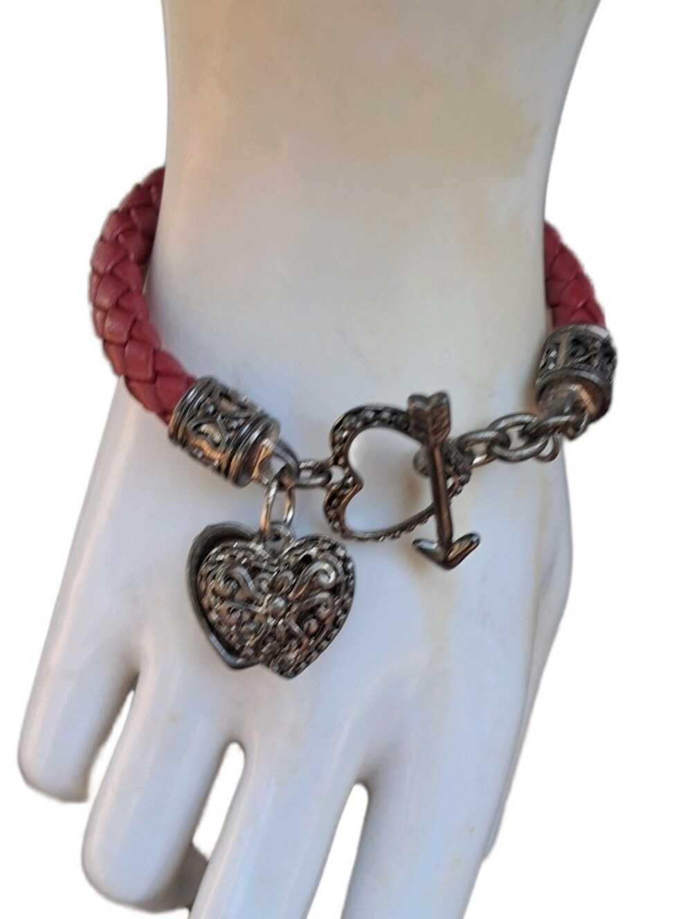 Vintage Deep Red Braided Leather Silver Tone Heart Arrow Toggle Charm Bracelet